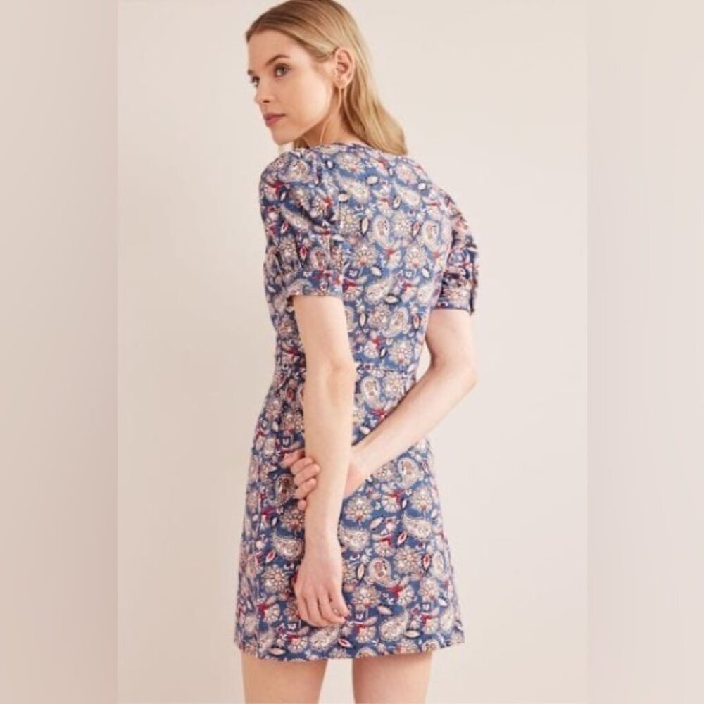 NWT BODEN V Neck Puff Sleeve Paisley Jersey Mini Dress‎ Cotton D0555 Size 12L - Picture 4 of 16